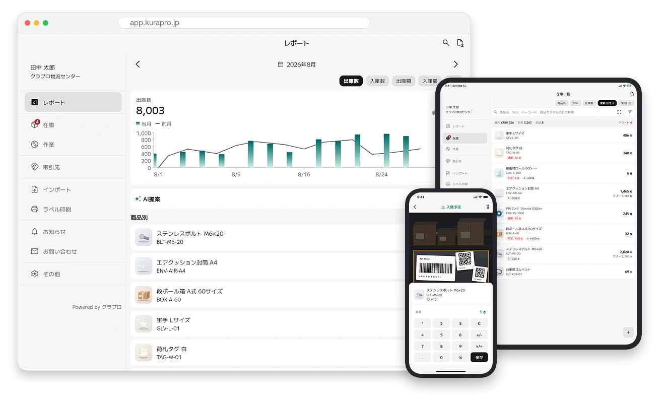 ブラウザ・iPad・iPhone でクラプロの在庫レポートと在庫一覧、バーコードスキャンを表示している画面